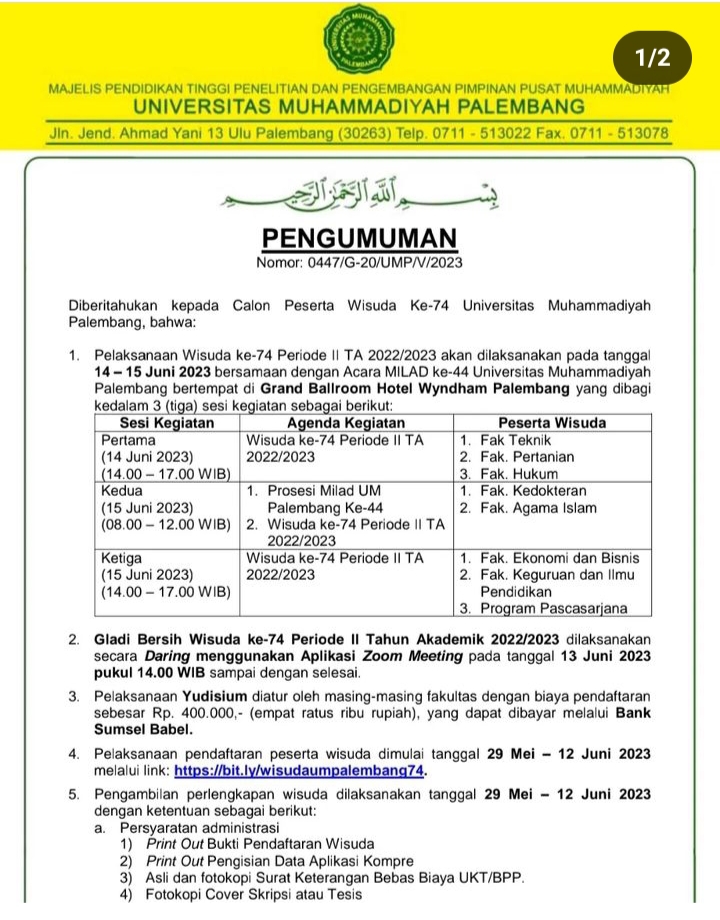 Pengumuman Pelaksanaan Wisuda Ke-74 Universitas Muhammadiyah Palembang ...